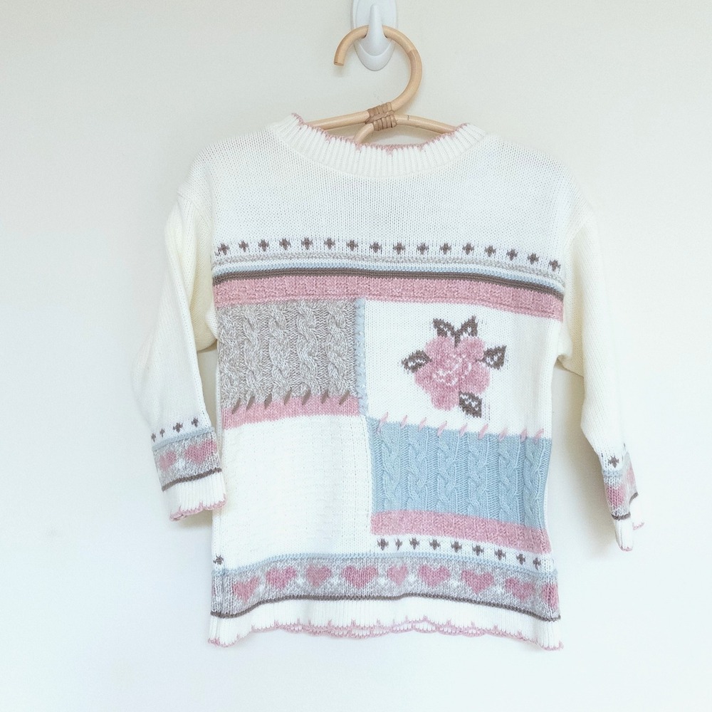 Vintage Knit Sweater Ivory Pink Floral Heart Patchwork 90s Toddler 2T-3T